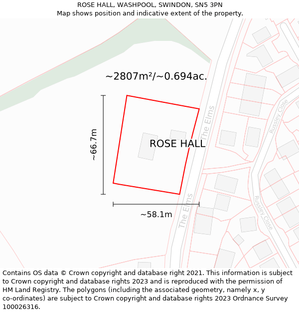 ROSE HALL, WASHPOOL, SWINDON, SN5 3PN: Plot and title map