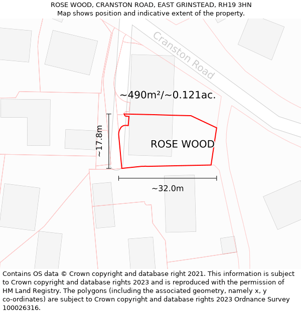 ROSE WOOD, CRANSTON ROAD, EAST GRINSTEAD, RH19 3HN: Plot and title map
