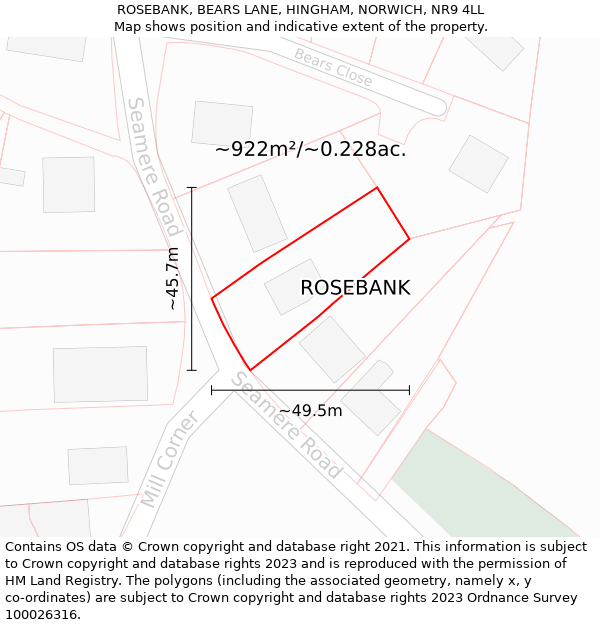 ROSEBANK, BEARS LANE, HINGHAM, NORWICH, NR9 4LL: Plot and title map