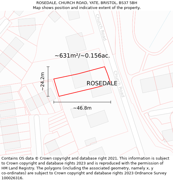 ROSEDALE, CHURCH ROAD, YATE, BRISTOL, BS37 5BH: Plot and title map
