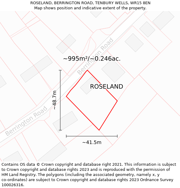 ROSELAND, BERRINGTON ROAD, TENBURY WELLS, WR15 8EN: Plot and title map