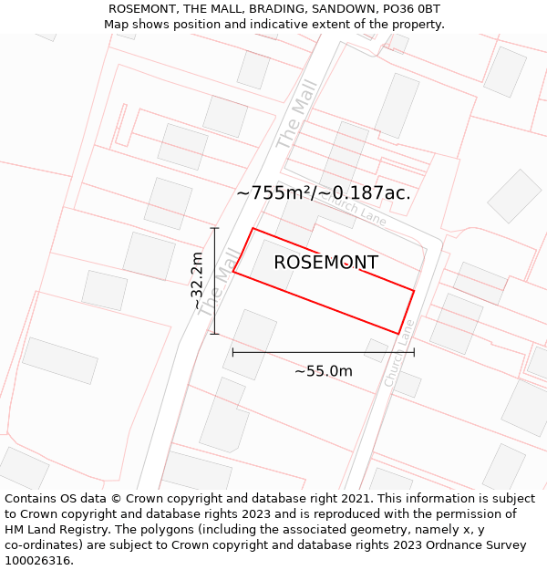 ROSEMONT, THE MALL, BRADING, SANDOWN, PO36 0BT: Plot and title map