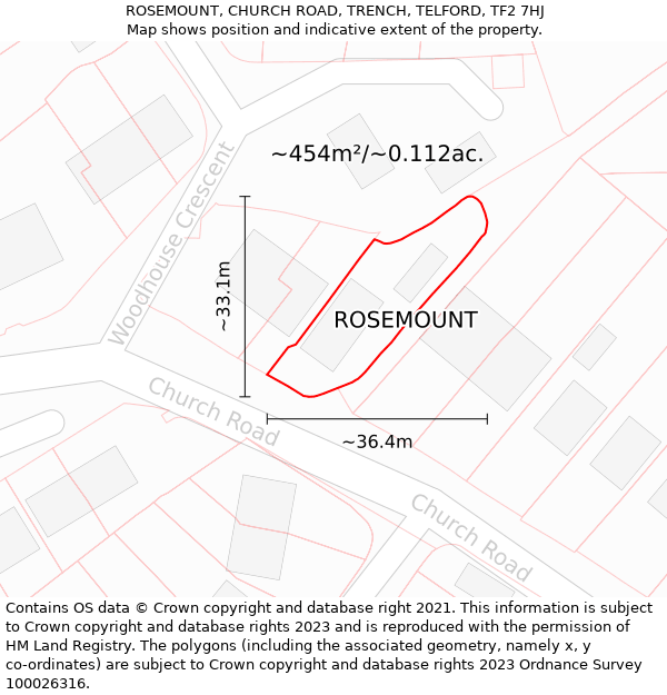 ROSEMOUNT, CHURCH ROAD, TRENCH, TELFORD, TF2 7HJ: Plot and title map