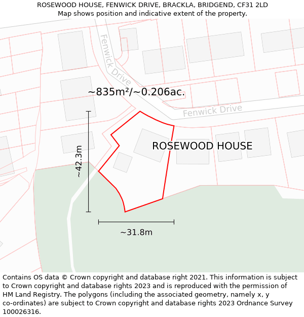 ROSEWOOD HOUSE, FENWICK DRIVE, BRACKLA, BRIDGEND, CF31 2LD: Plot and title map
