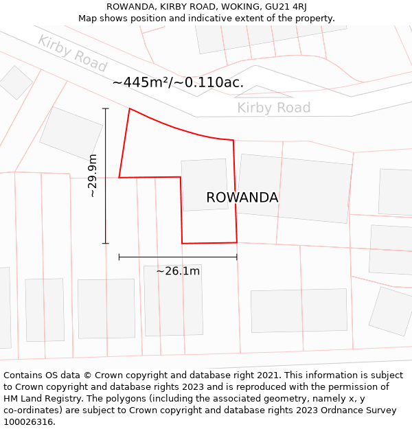 ROWANDA, KIRBY ROAD, WOKING, GU21 4RJ: Plot and title map