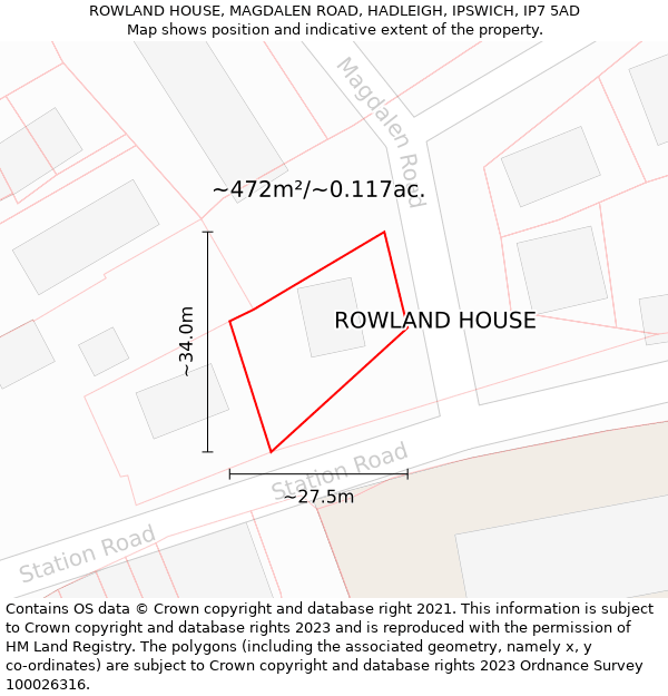 ROWLAND HOUSE, MAGDALEN ROAD, HADLEIGH, IPSWICH, IP7 5AD: Plot and title map