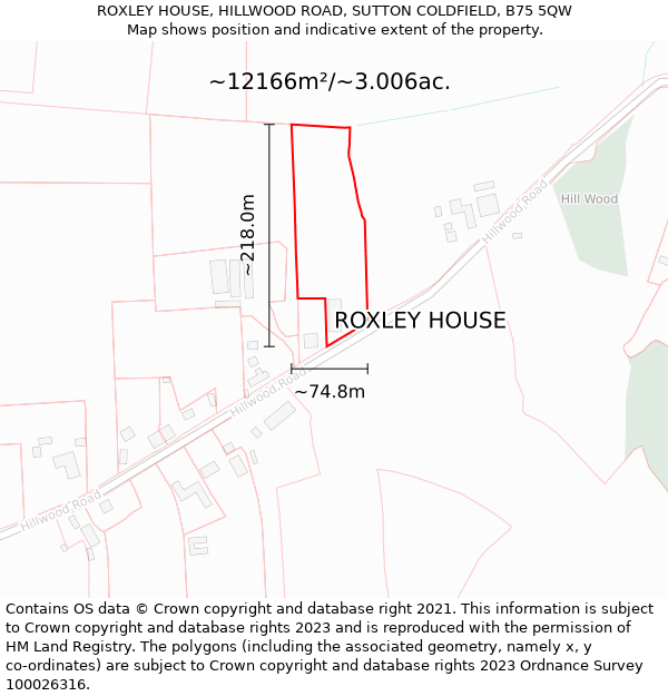 ROXLEY HOUSE, HILLWOOD ROAD, SUTTON COLDFIELD, B75 5QW: Plot and title map