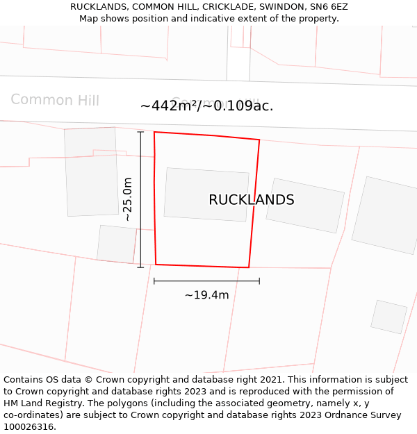 RUCKLANDS, COMMON HILL, CRICKLADE, SWINDON, SN6 6EZ: Plot and title map