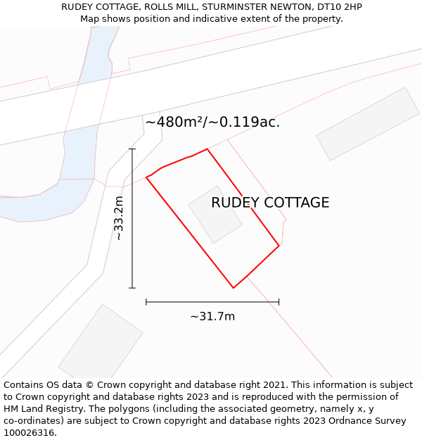 RUDEY COTTAGE, ROLLS MILL, STURMINSTER NEWTON, DT10 2HP: Plot and title map