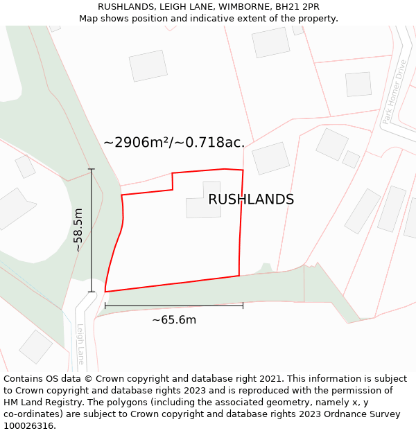 RUSHLANDS, LEIGH LANE, WIMBORNE, BH21 2PR: Plot and title map