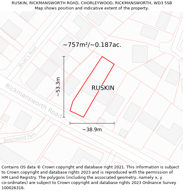 RUSKIN, RICKMANSWORTH ROAD, CHORLEYWOOD, RICKMANSWORTH, WD3 5SB: Plot and title map