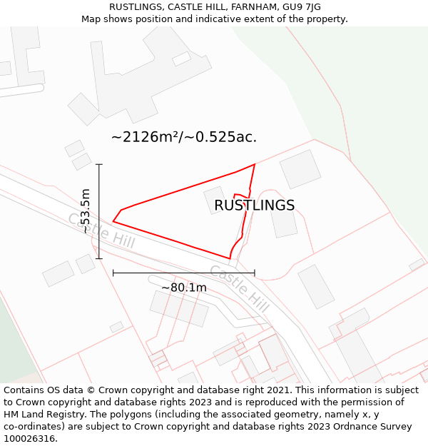 RUSTLINGS, CASTLE HILL, FARNHAM, GU9 7JG: Plot and title map
