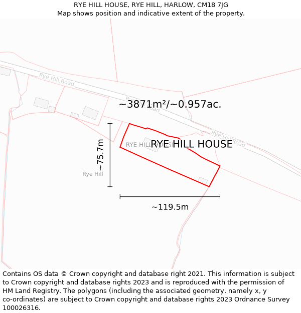 RYE HILL HOUSE, RYE HILL, HARLOW, CM18 7JG: Plot and title map
