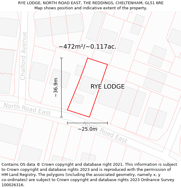 RYE LODGE, NORTH ROAD EAST, THE REDDINGS, CHELTENHAM, GL51 6RE: Plot and title map