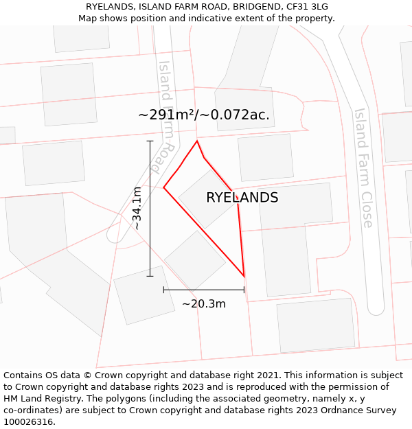 RYELANDS, ISLAND FARM ROAD, BRIDGEND, CF31 3LG: Plot and title map