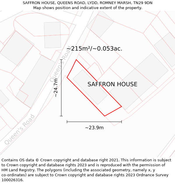 SAFFRON HOUSE, QUEENS ROAD, LYDD, ROMNEY MARSH, TN29 9DN: Plot and title map