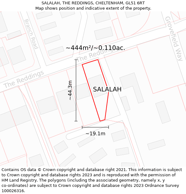 SALALAH, THE REDDINGS, CHELTENHAM, GL51 6RT: Plot and title map