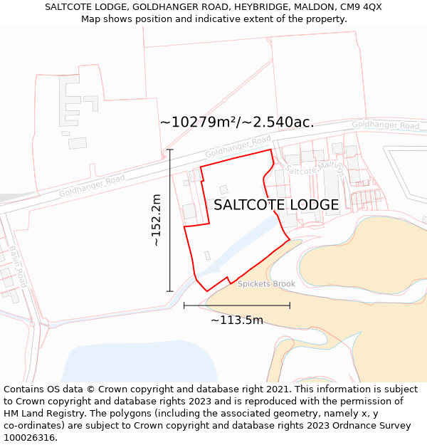 SALTCOTE LODGE, GOLDHANGER ROAD, HEYBRIDGE, MALDON, CM9 4QX: Plot and title map