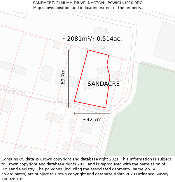 SANDACRE, ELMHAM DRIVE, NACTON, IPSWICH, IP10 0DG: Plot and title map