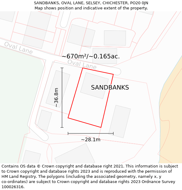 SANDBANKS, OVAL LANE, SELSEY, CHICHESTER, PO20 0JN: Plot and title map
