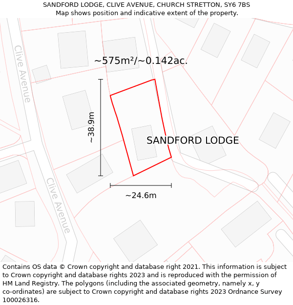 SANDFORD LODGE, CLIVE AVENUE, CHURCH STRETTON, SY6 7BS: Plot and title map