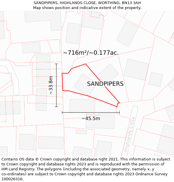 SANDPIPERS, HIGHLANDS CLOSE, WORTHING, BN13 3AH: Plot and title map