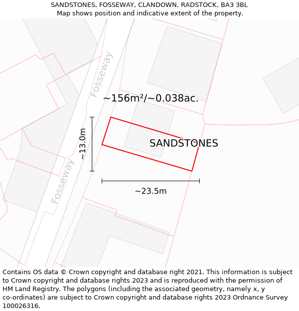 SANDSTONES, FOSSEWAY, CLANDOWN, RADSTOCK, BA3 3BL: Plot and title map