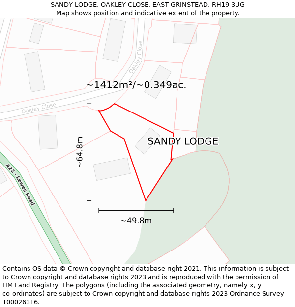 SANDY LODGE, OAKLEY CLOSE, EAST GRINSTEAD, RH19 3UG: Plot and title map