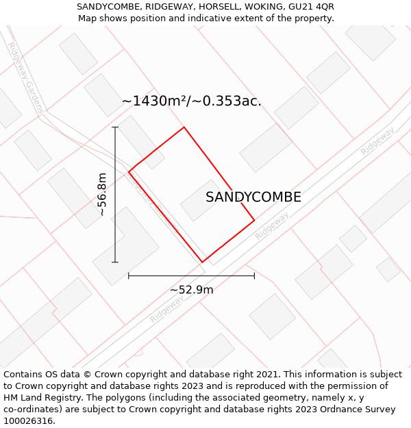 SANDYCOMBE, RIDGEWAY, HORSELL, WOKING, GU21 4QR: Plot and title map