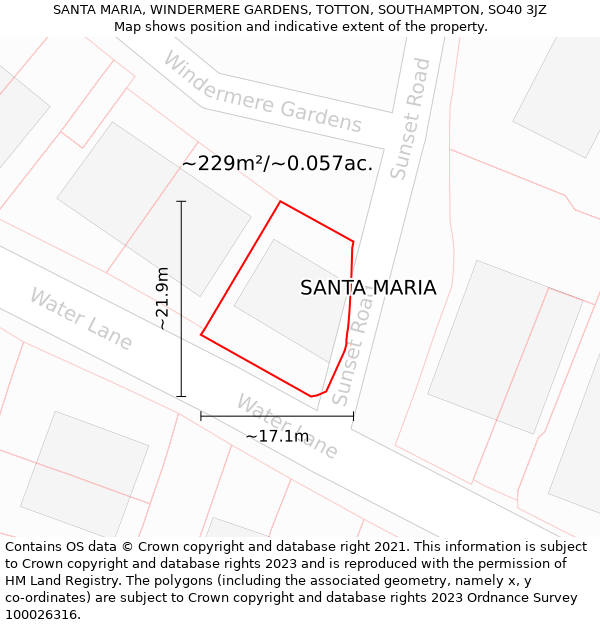 SANTA MARIA, WINDERMERE GARDENS, TOTTON, SOUTHAMPTON, SO40 3JZ: Plot and title map