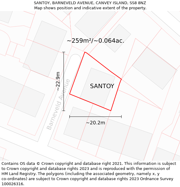 SANTOY, BARNEVELD AVENUE, CANVEY ISLAND, SS8 8NZ: Plot and title map