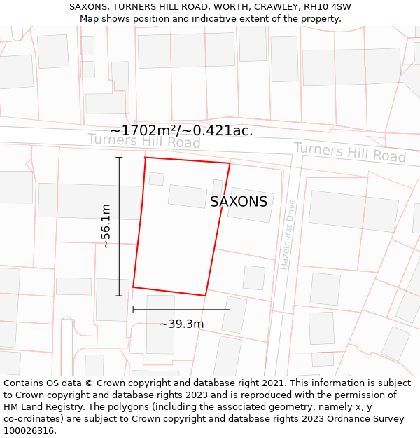 SAXONS, TURNERS HILL ROAD, WORTH, CRAWLEY, RH10 4SW: Plot and title map