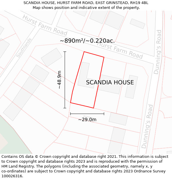 SCANDIA HOUSE, HURST FARM ROAD, EAST GRINSTEAD, RH19 4BL: Plot and title map