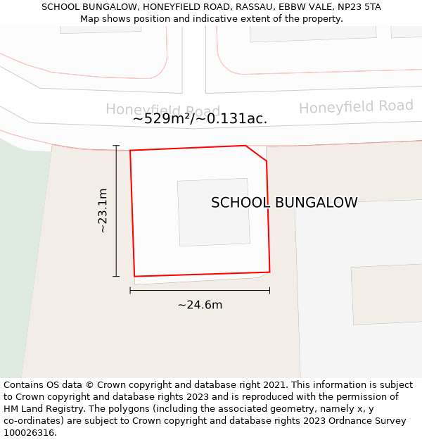 SCHOOL BUNGALOW, HONEYFIELD ROAD, RASSAU, EBBW VALE, NP23 5TA: Plot and title map