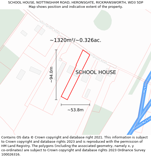 SCHOOL HOUSE, NOTTINGHAM ROAD, HERONSGATE, RICKMANSWORTH, WD3 5DP: Plot and title map