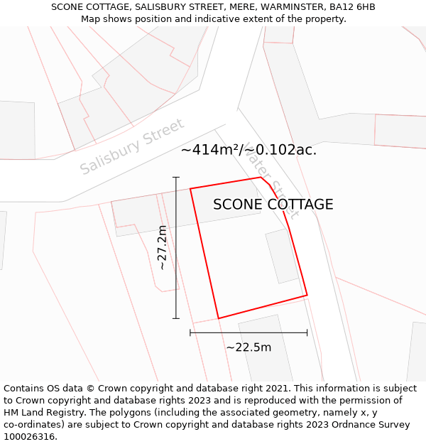 SCONE COTTAGE, SALISBURY STREET, MERE, WARMINSTER, BA12 6HB: Plot and title map