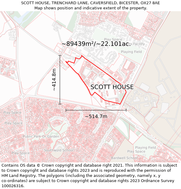 SCOTT HOUSE, TRENCHARD LANE, CAVERSFIELD, BICESTER, OX27 8AE: Plot and title map