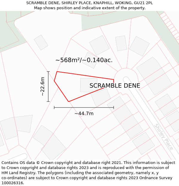 SCRAMBLE DENE, SHIRLEY PLACE, KNAPHILL, WOKING, GU21 2PL: Plot and title map