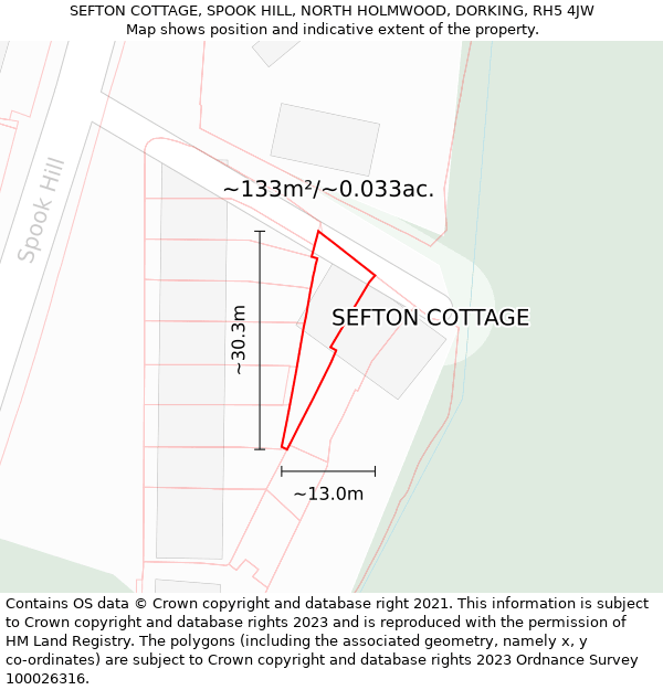 SEFTON COTTAGE, SPOOK HILL, NORTH HOLMWOOD, DORKING, RH5 4JW: Plot and title map