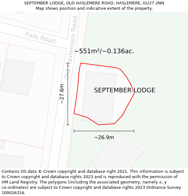 SEPTEMBER LODGE, OLD HASLEMERE ROAD, HASLEMERE, GU27 2NN: Plot and title map