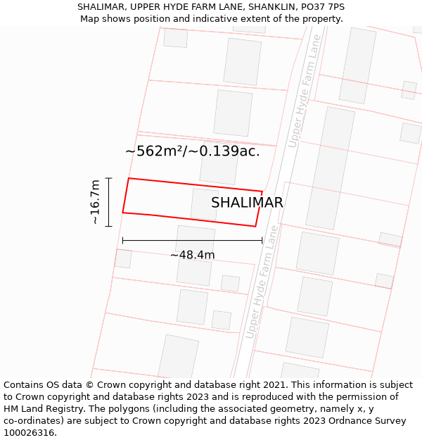 SHALIMAR, UPPER HYDE FARM LANE, SHANKLIN, PO37 7PS: Plot and title map