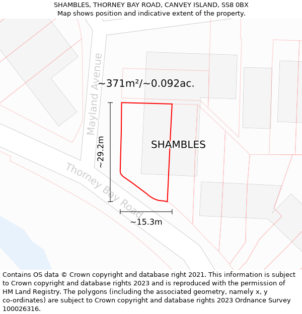 SHAMBLES, THORNEY BAY ROAD, CANVEY ISLAND, SS8 0BX: Plot and title map