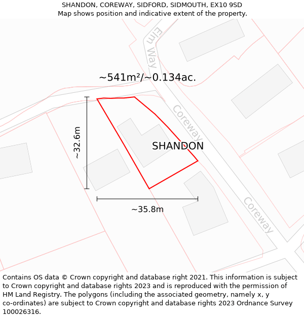 SHANDON, COREWAY, SIDFORD, SIDMOUTH, EX10 9SD: Plot and title map