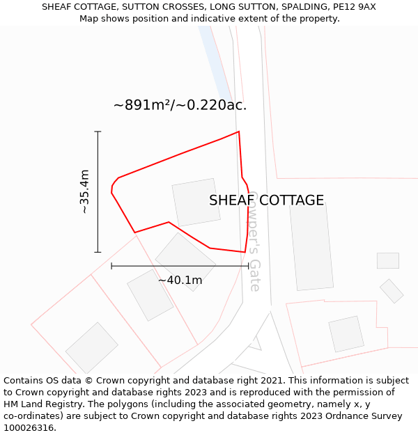 SHEAF COTTAGE, SUTTON CROSSES, LONG SUTTON, SPALDING, PE12 9AX: Plot and title map