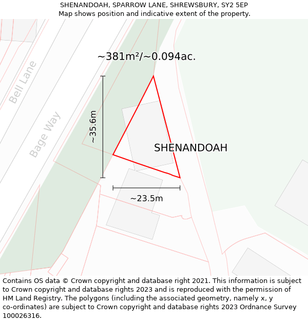 SHENANDOAH, SPARROW LANE, SHREWSBURY, SY2 5EP: Plot and title map