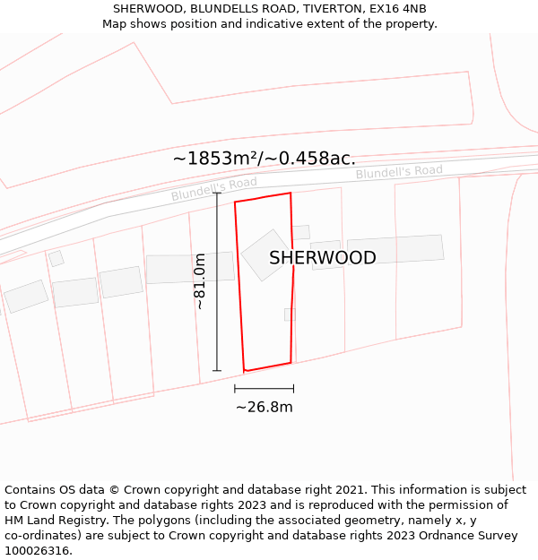 SHERWOOD, BLUNDELLS ROAD, TIVERTON, EX16 4NB: Plot and title map