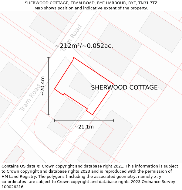 SHERWOOD COTTAGE, TRAM ROAD, RYE HARBOUR, RYE, TN31 7TZ: Plot and title map