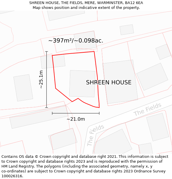 SHREEN HOUSE, THE FIELDS, MERE, WARMINSTER, BA12 6EA: Plot and title map