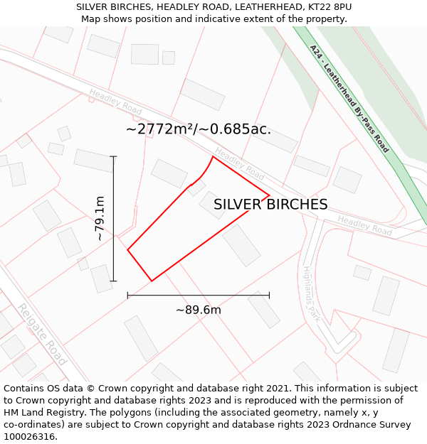 SILVER BIRCHES, HEADLEY ROAD, LEATHERHEAD, KT22 8PU: Plot and title map