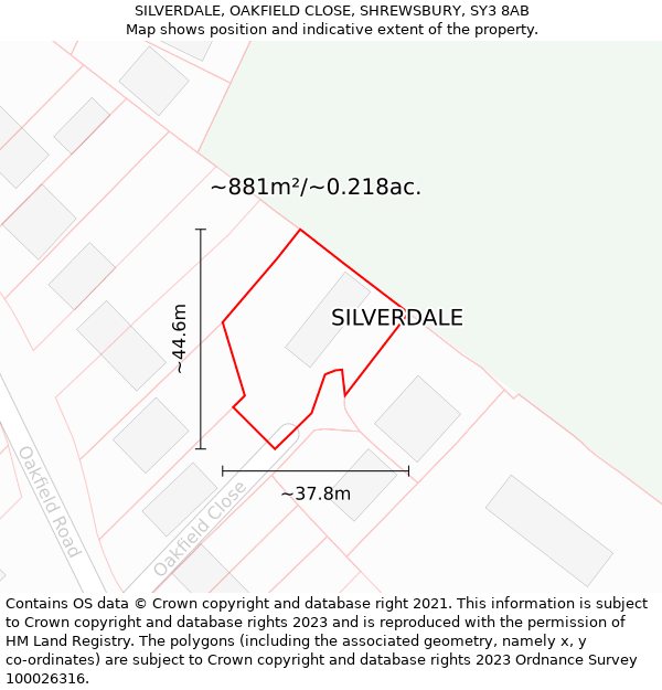 SILVERDALE, OAKFIELD CLOSE, SHREWSBURY, SY3 8AB: Plot and title map